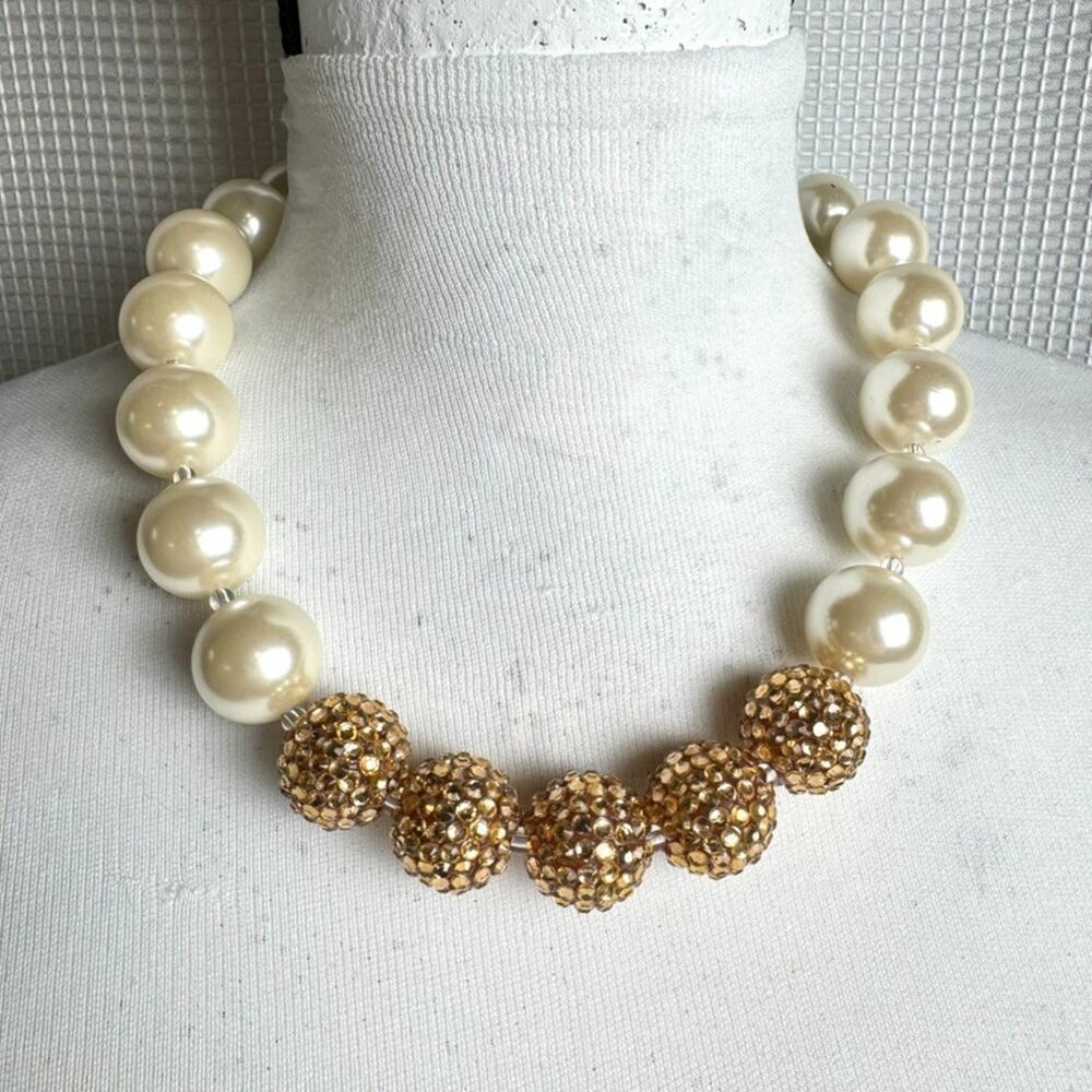 Chunky Faux Pearl Necklace Gold Tone Sparkle Pave 19" Large 2cm Bead Statement